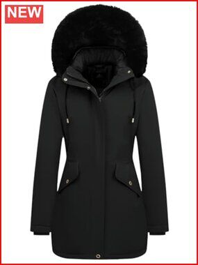 Women's Long Winter Down Puffer Coat with Removable Faux Fur Hood, Fleece Lined